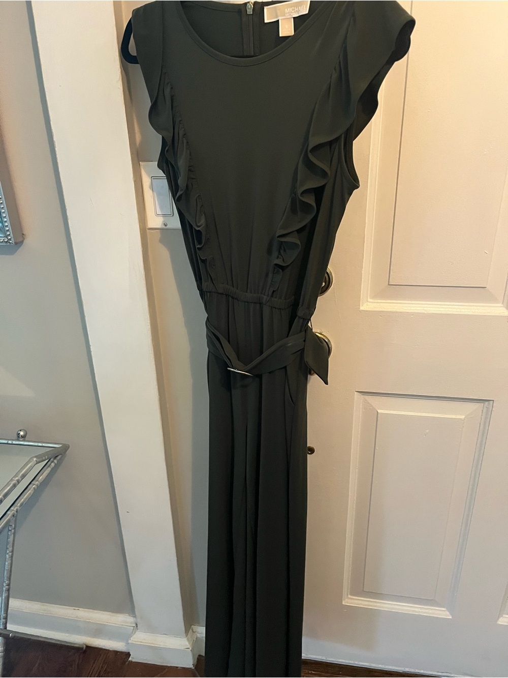 Michael Kors Olive Green Ruffle-Trim Maxi Dress